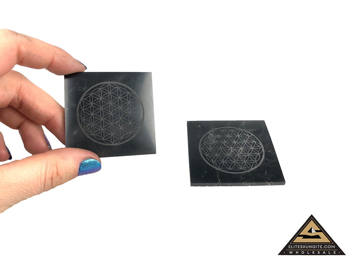 Protective slice square, 5 x 5 cm, Flower of Life by eliteshungite.com