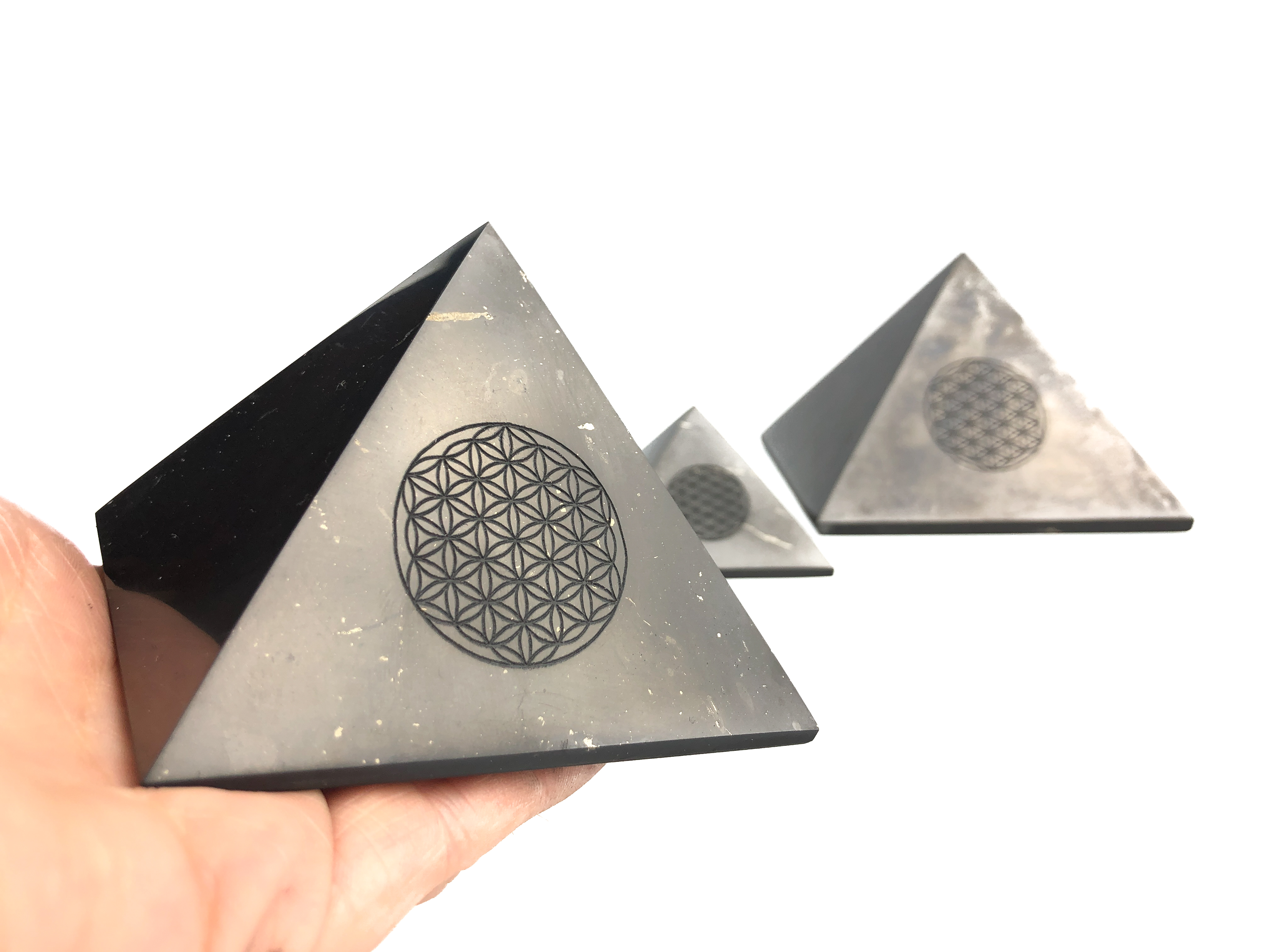 Pyramid 11 cm Carving Flower Of Life by eliteshungite.com