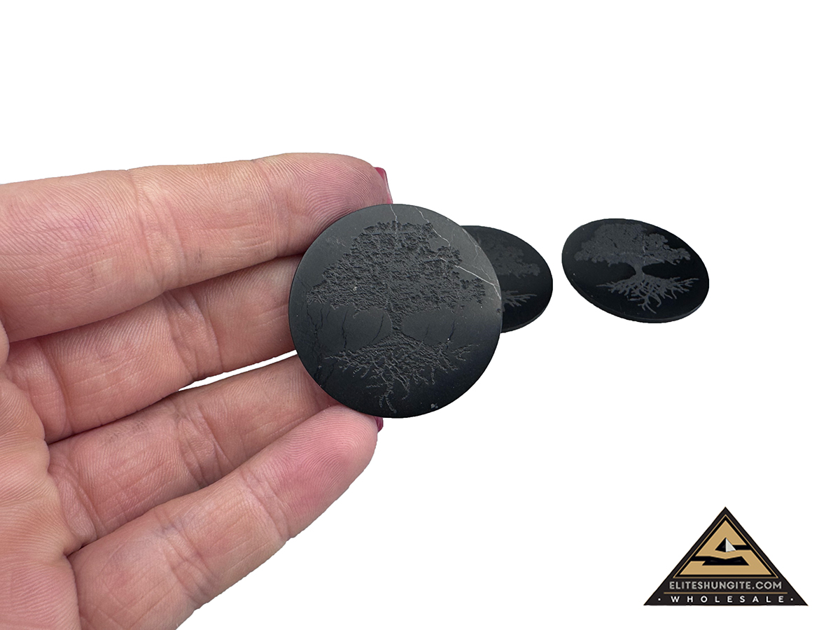 Protective slice for notebook round diam. 3,5 cm, carving Tree of Life by eliteshungite.com
