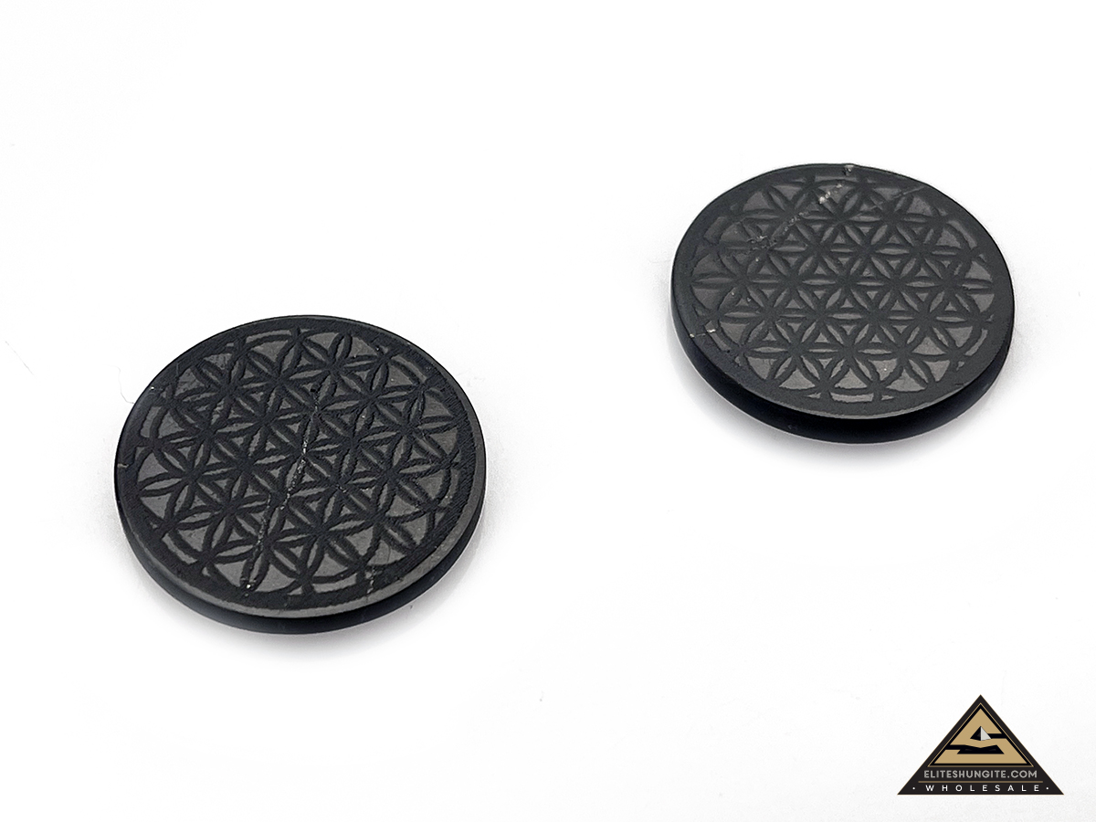 Protective slice for notebook round diam. 2 cm, carving Flower of Life by eliteshungite.com