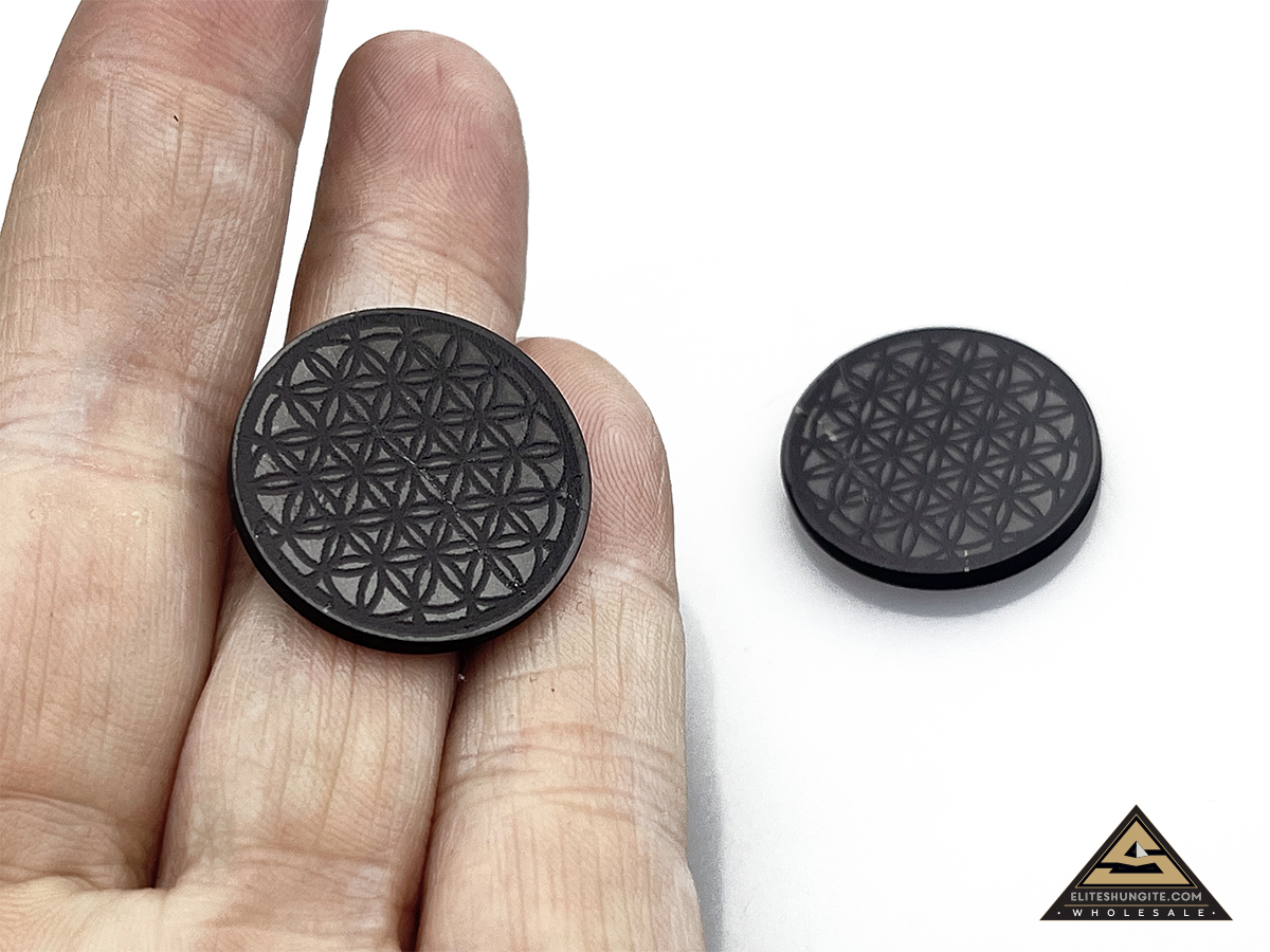 Protective slice for notebook round diam. 2 cm, carving Flower of Life by eliteshungite.com