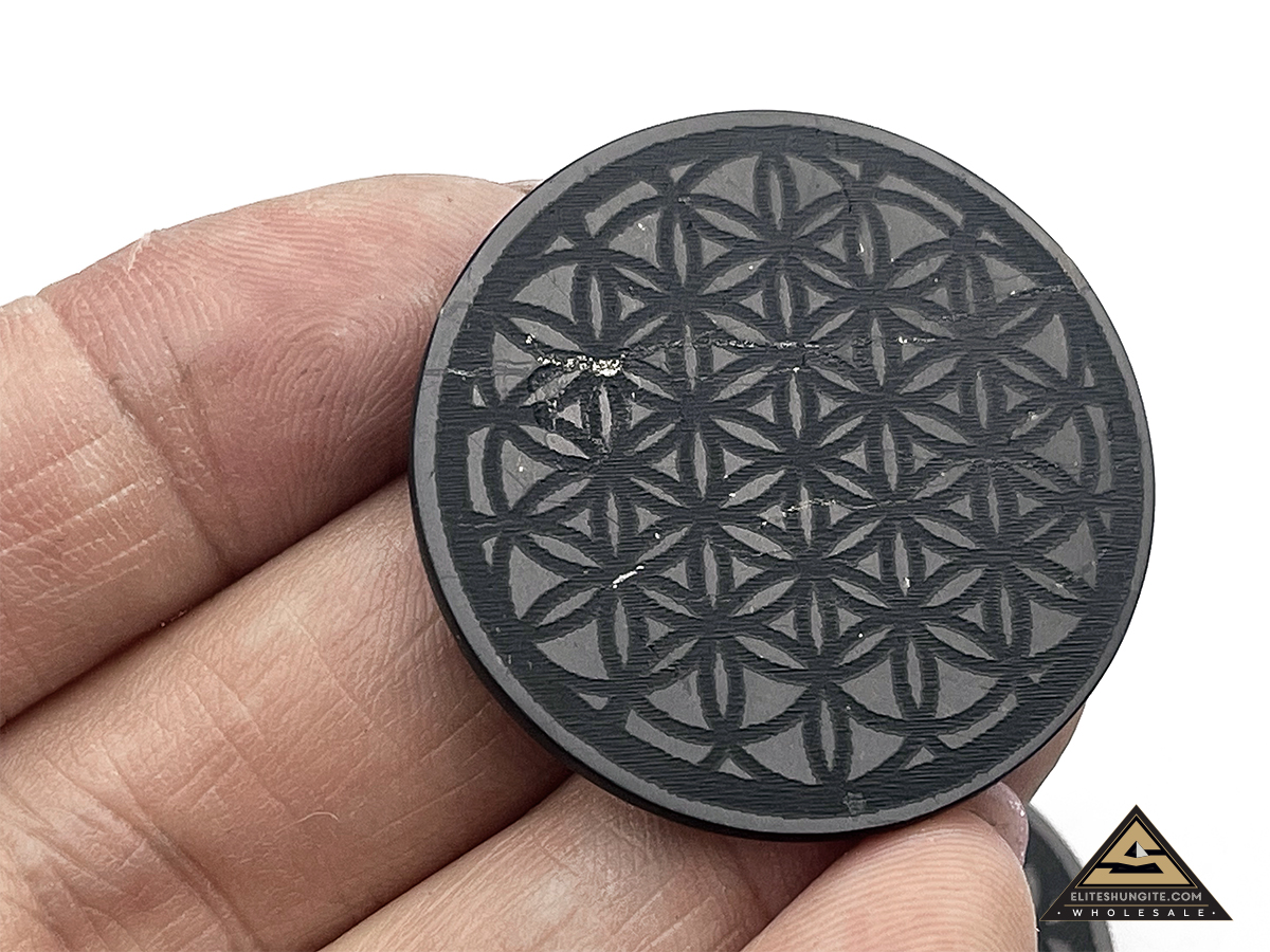 Protective slice for notebook round diam. 3,5 cm, carving Flower of Life by eliteshungite.com