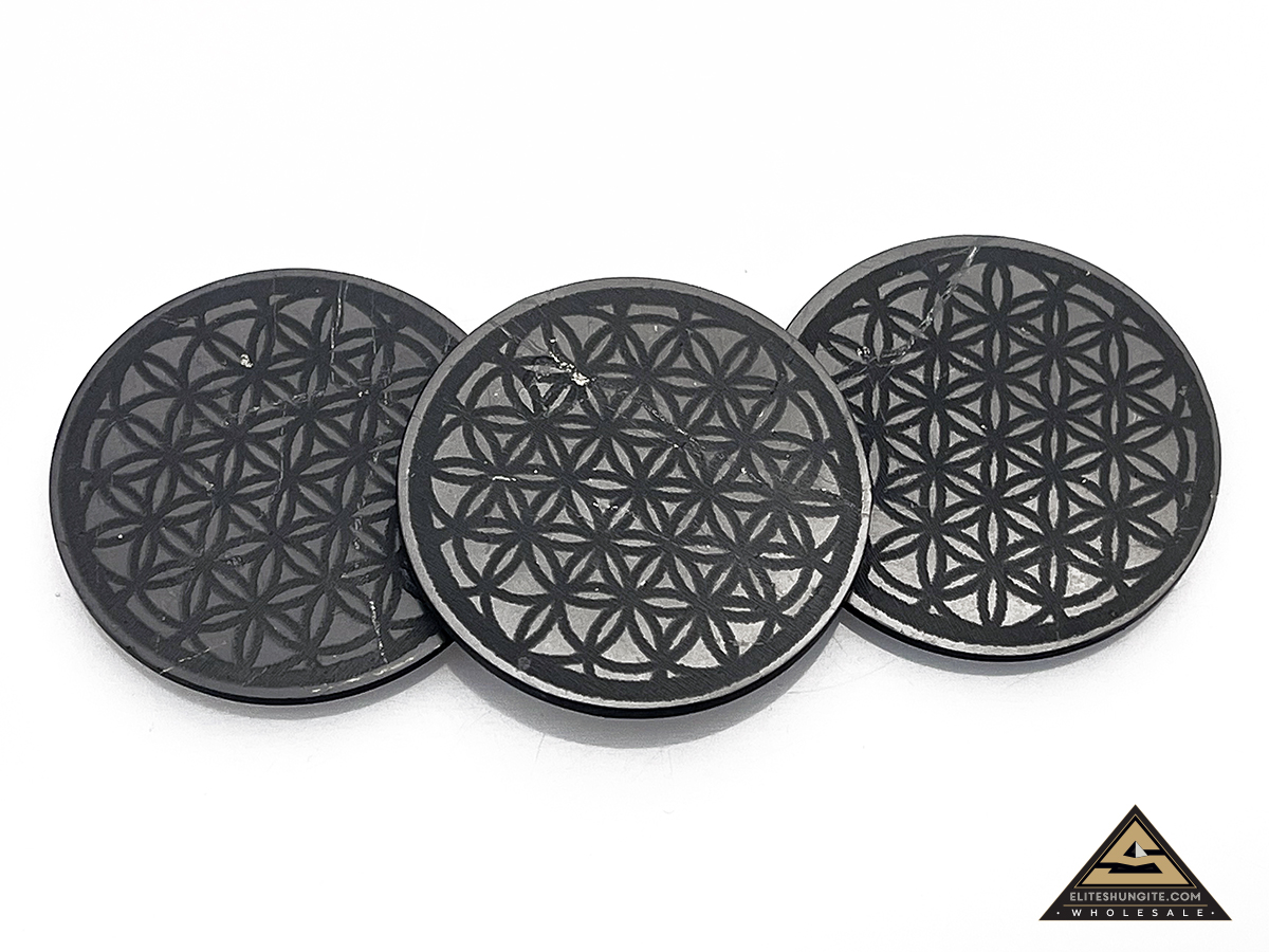 Protective slice for notebook round diam. 3,5 cm, carving Flower of Life by eliteshungite.com