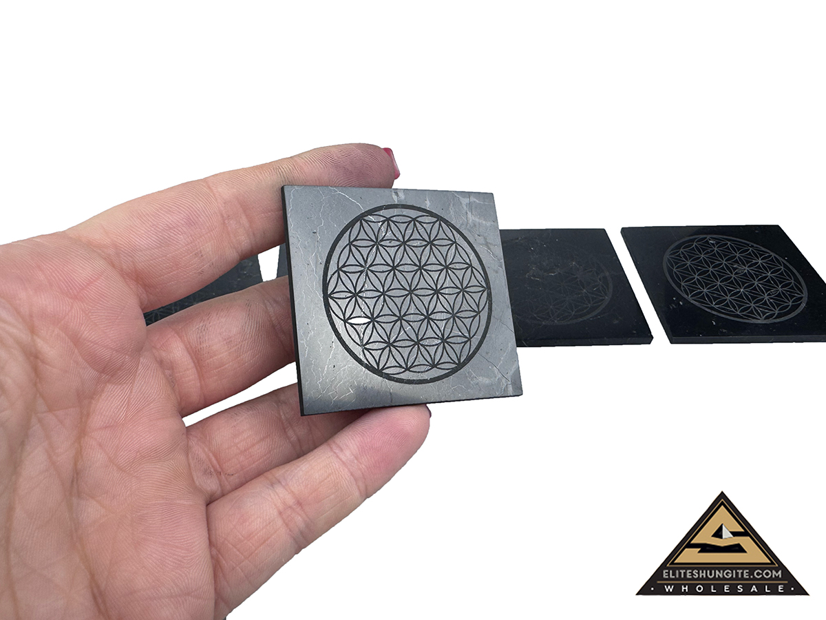 Protective slice square, 5 x 5 cm, Flower of Life by eliteshungite.com