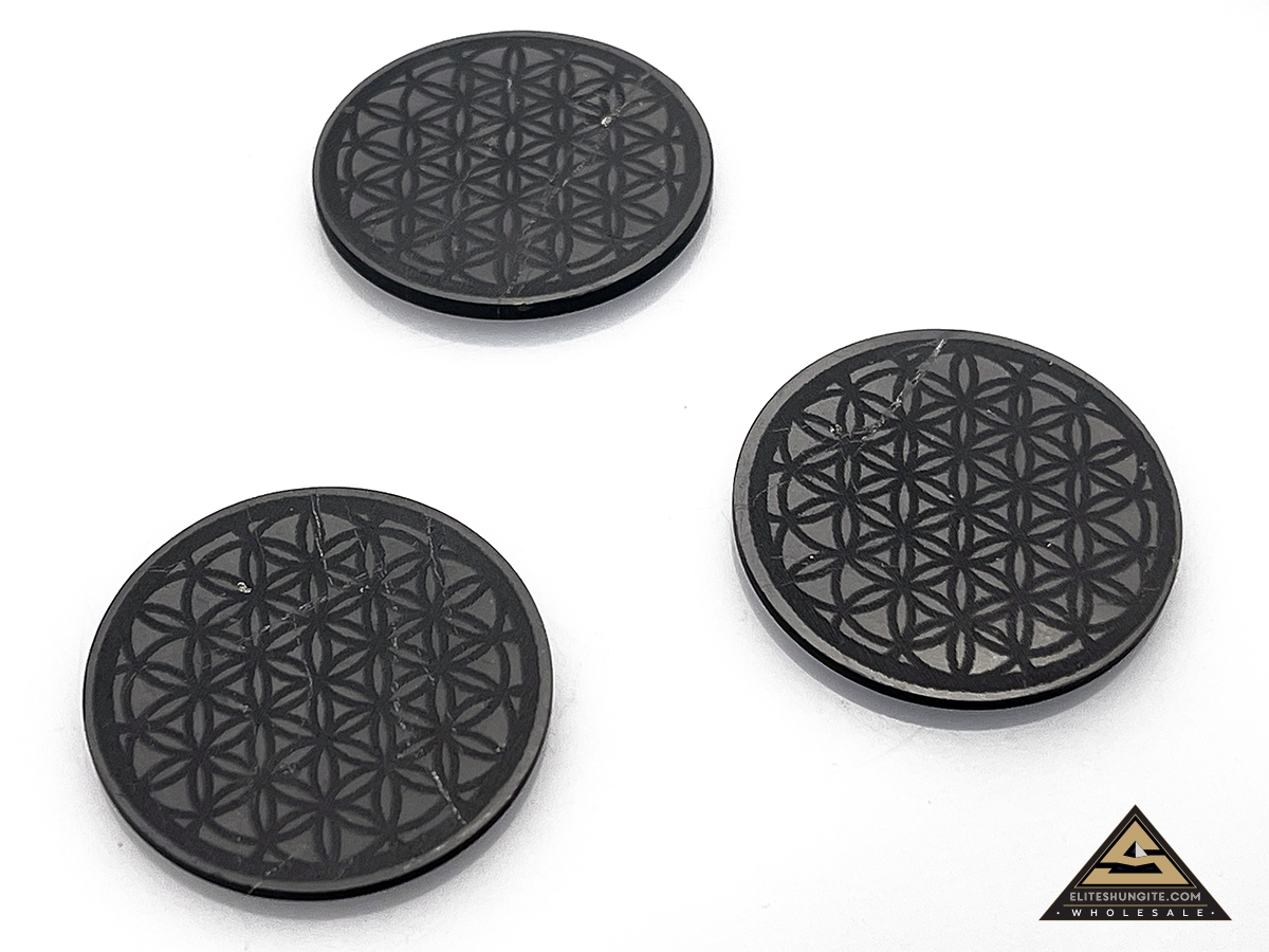 Protective slice for notebook round diam. 3,5 cm, carving Flower of Life by eliteshungite.com