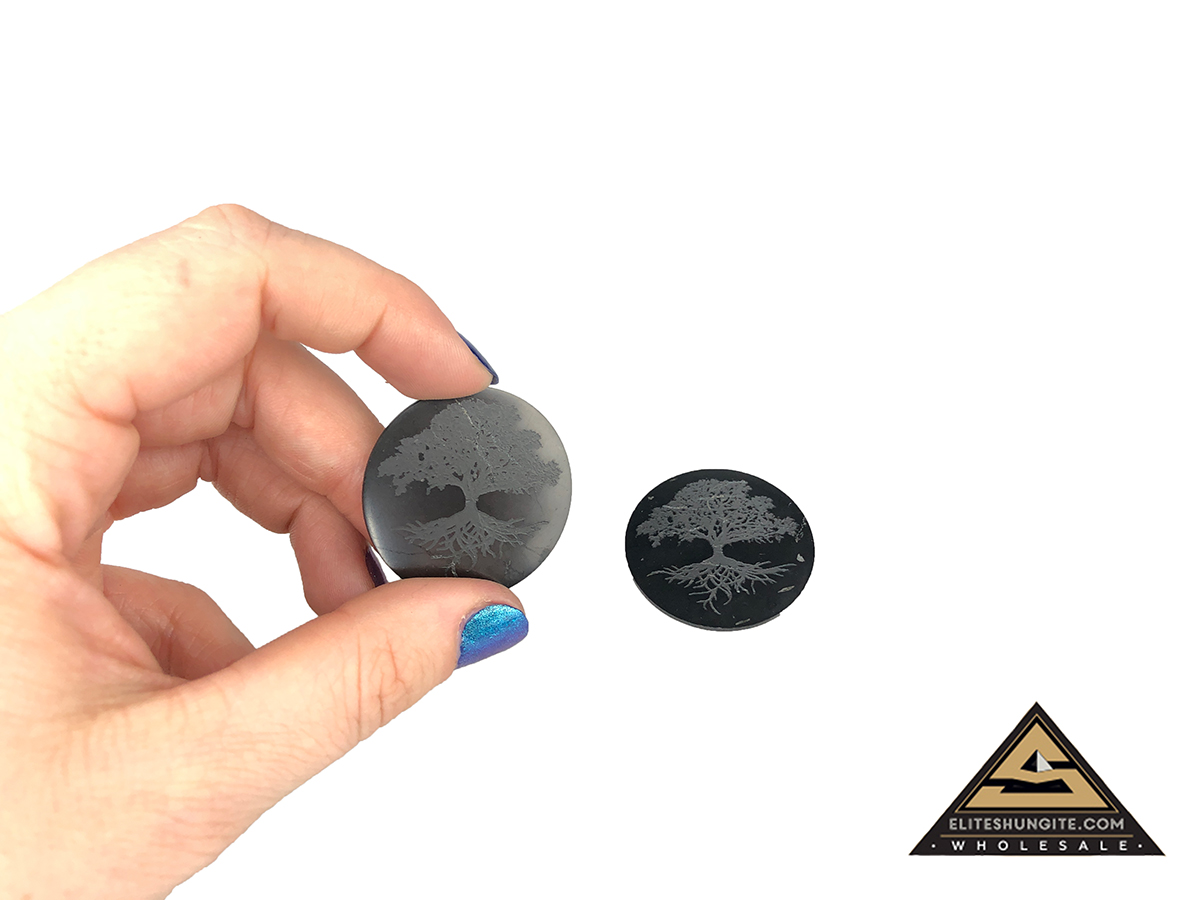 Protective slice for notebook round diam. 3,5 cm, carving Tree of Life by eliteshungite.com